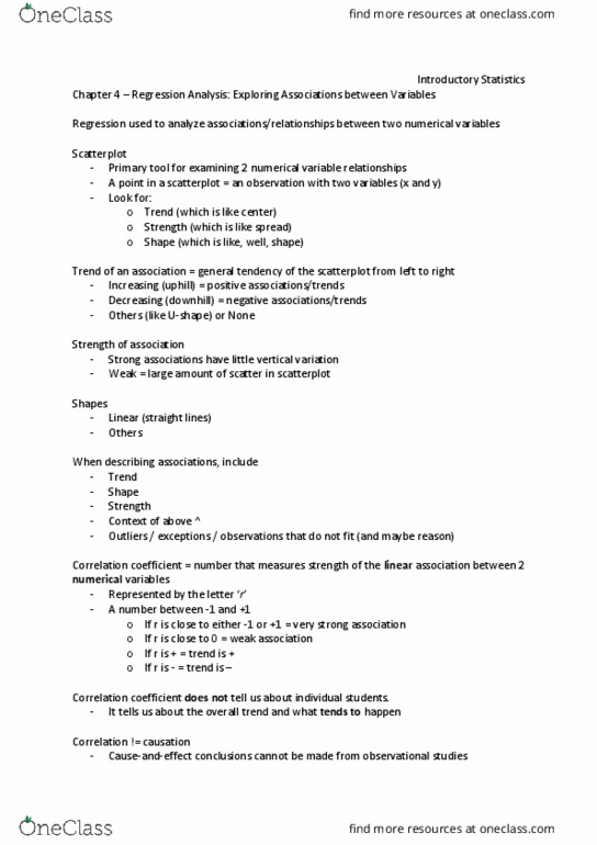 STATS 10 Chapter Notes - Chapter 4: Dependent And Independent Variables, Scatter Plot thumbnail