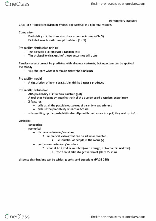 STATS 10 Chapter Notes - Chapter 6: Probability Distribution thumbnail