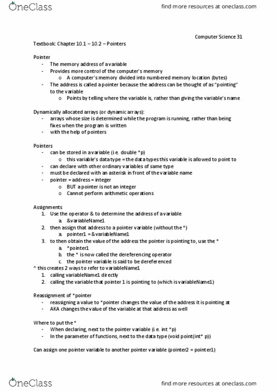 COM SCI 31 Chapter Notes - Chapter 10: Null Character, Memory Address thumbnail