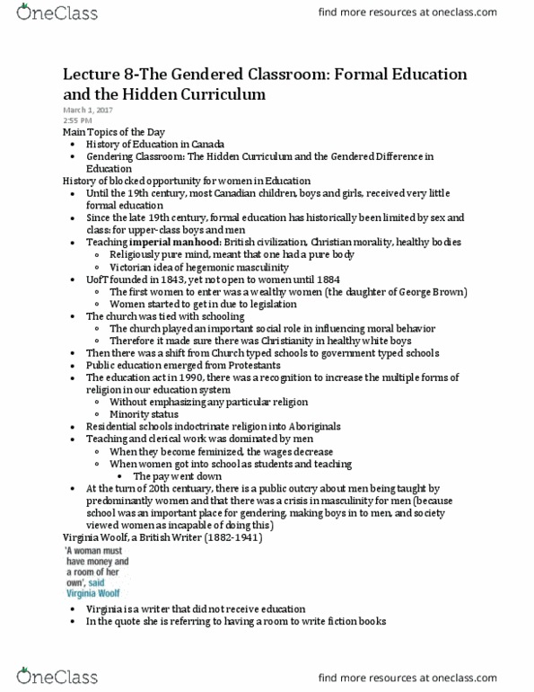 SOC263H5 Lecture Notes - Lecture 8: The Hidden Curriculum, Hidden Curriculum, Hegemonic Masculinity thumbnail