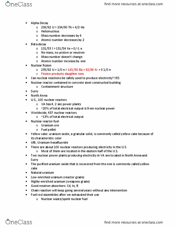 CHEM 110 Lecture Notes - Lecture 9: Uranium Hexafluoride, Spent Nuclear Fuel, Nuclear Reactor thumbnail