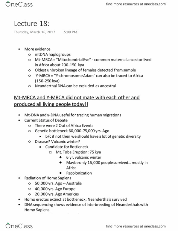 BIO SCI 94 Lecture Notes - Lecture 16: Homo Erectus, Volcanic Winter, Toba Catastrophe Theory thumbnail