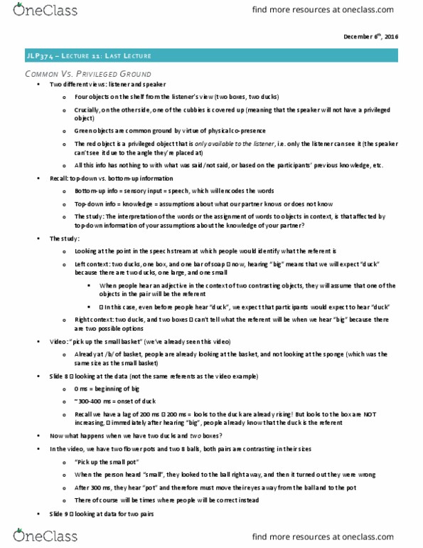 JLP374H1 Lecture Notes - Lecture 11: Lexical Item, Cognitive Load, Daniel Kahneman thumbnail