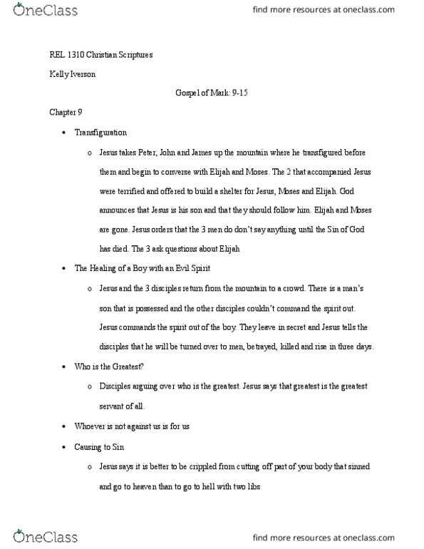 REL 1310 Chapter Notes - Chapter Gospel of Mark 9-15: Joses, Eucharist, Great Commandment thumbnail