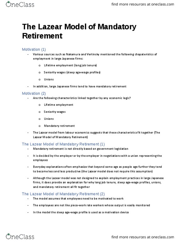 ECON-2096EL Chapter Notes - Chapter 7: Return Period, Mandatory Retirement, Permanent Employment thumbnail