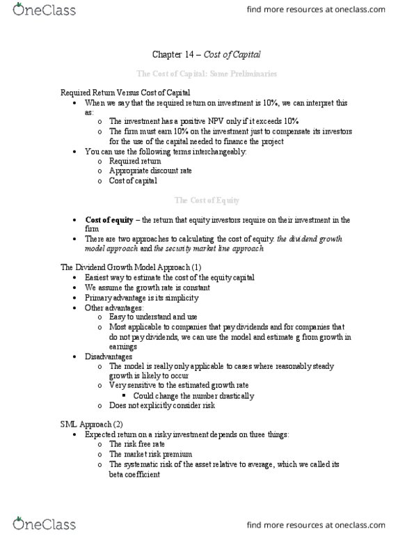 Management and Organizational Studies 2310A/B Chapter Notes - Chapter 14: Risk Premium, Weighted Arithmetic Mean, Systematic Risk thumbnail
