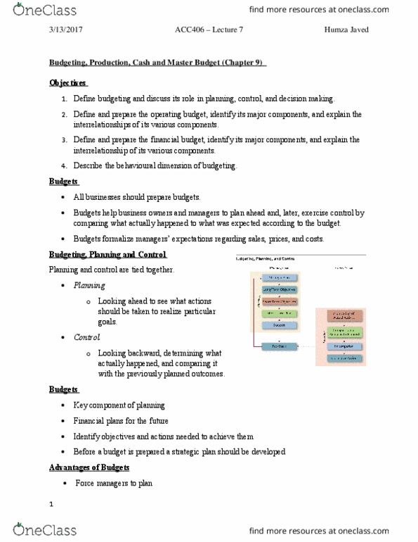 ACC 406 Lecture Notes - Lecture 7: Budget, Finished Good, Income Statement thumbnail