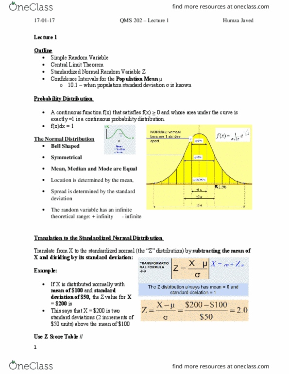 QMS 202 Lecture Notes - Lecture 1: Statistical Parameter, Central Limit Theorem, Standard Deviation thumbnail