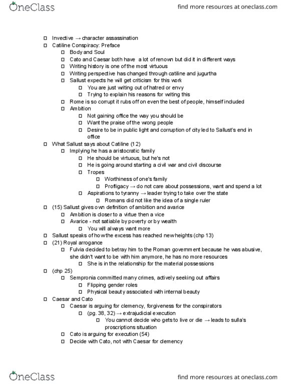 HIST 1220 Lecture Notes - Lecture 21: Second Catilinarian Conspiracy, Jugurtha, Extrajudicial Killing thumbnail