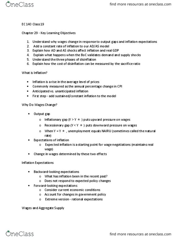 EC140 Lecture Notes - Lecture 19: Stagflation, Monetary Policy, Potential Output thumbnail