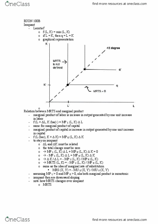 ECON 100B Lecture Notes - Lecture 4: Marginal Product, Production Function, Isoquant thumbnail