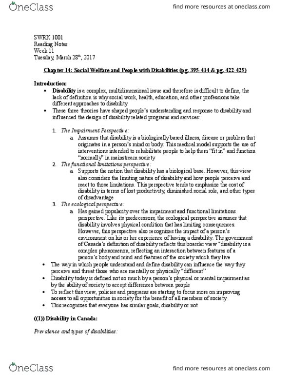 SWRK 1001H Chapter Notes - Chapter 10: Asthma, Independent Living, Deinstitutionalisation thumbnail