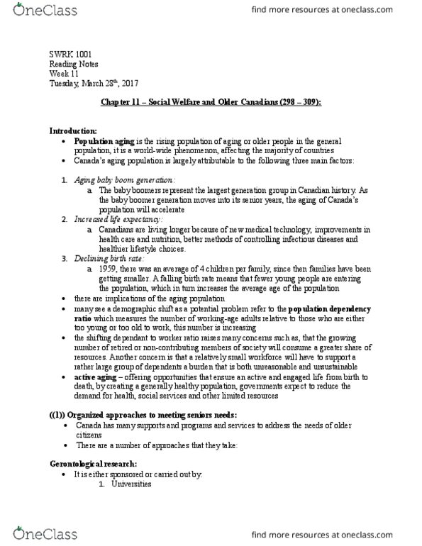 SWRK 1001H Chapter Notes - Chapter 11: Population Ageing, Population Health, Dependency Ratio thumbnail