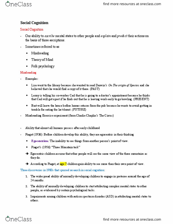 CGSC 1001 Lecture Notes - Lecture 16: Social Cognition, Autism Spectrum, Spectrum Disorder thumbnail