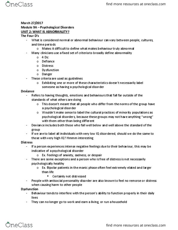 PSYCH 1XX3 Lecture Notes - Lecture 9: Antisocial Personality Disorder, Major Depressive Disorder, Anxiety Disorder thumbnail