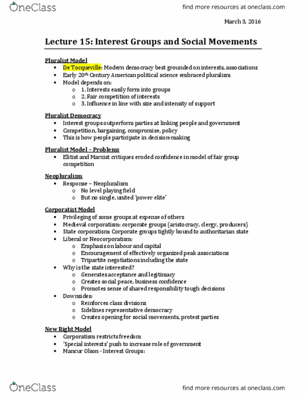 Political Science 1020E Lecture Notes - Lecture 15: Elite, Mancur Olson, Corporatism thumbnail