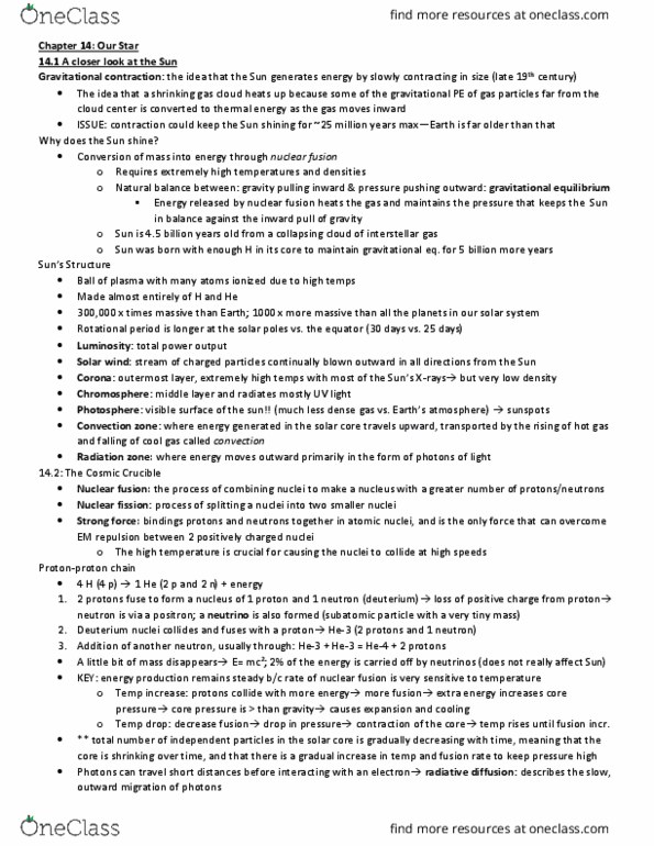 ASTR-1010 Chapter Notes - Chapter 14: Radiation Zone, Nuclear Fission, Solar Neutrino Problem thumbnail