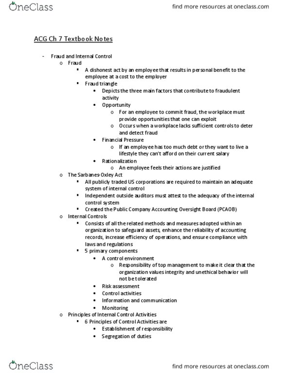 ACG-2021 Chapter Notes - Chapter 7: Cash Cash, Electronic Funds Transfer, Internal Control thumbnail