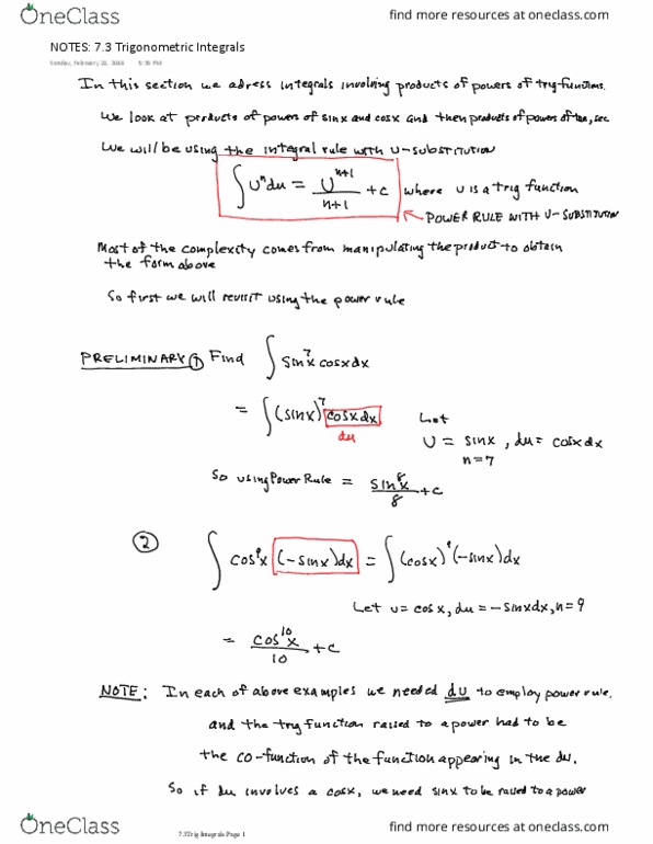 MATH 201 Lecture 5: NOTES 7.3 Trigonometric Integrals.1-3 thumbnail