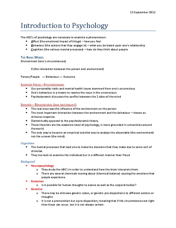 PSYCH101 Lecture Notes - Sigmund Freud, Psychodynamics, Neuropsychology thumbnail
