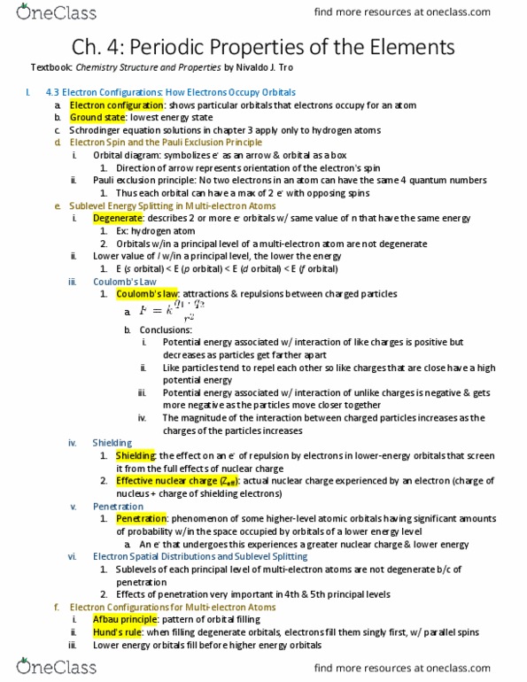 CHEM H2A Chapter Notes - Chapter 4: Valence Electron, Noble Gas, Principal Quantum Number thumbnail