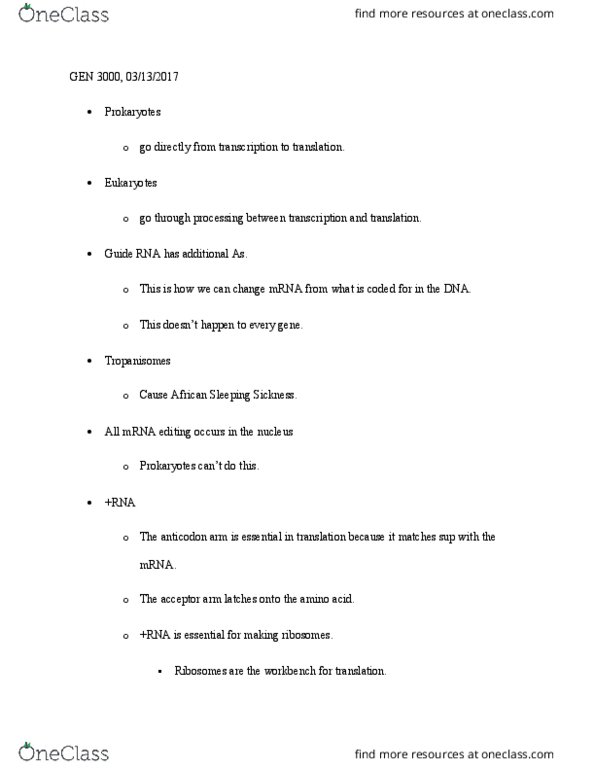 GEN-3000 Lecture Notes - Lecture 23: African Trypanosomiasis, Guide Rna, Transfer Rna thumbnail