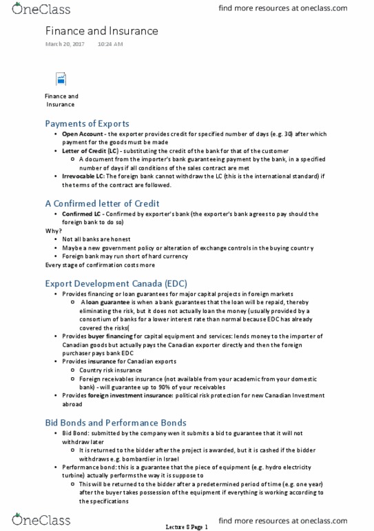 GMS 400 Lecture Notes - Lecture 8: Export Development Canada, Foreign Exchange Controls, Country Risk thumbnail