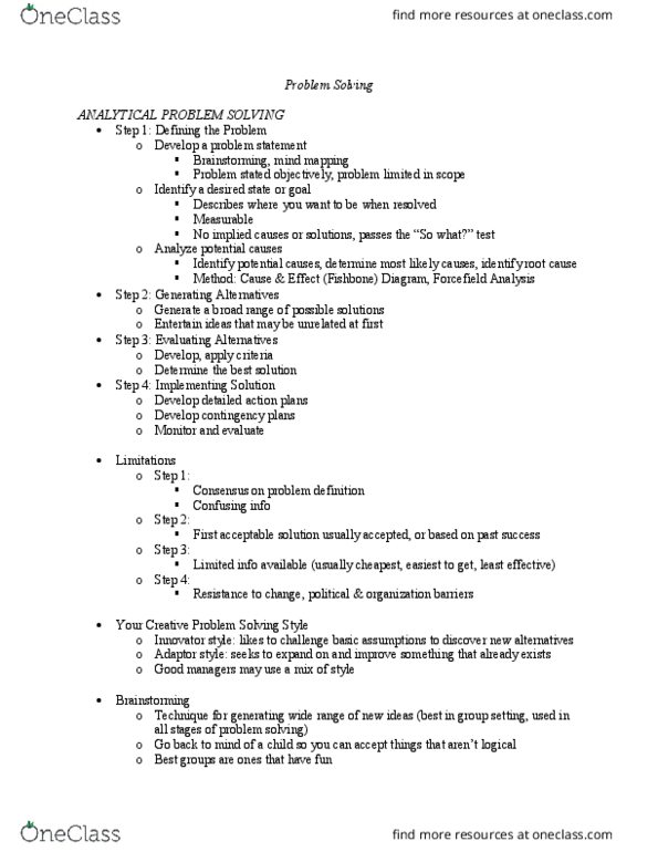 ADMN 2010H Chapter Notes - Chapter 4: Brainstorming, Force-Field Analysis, Mind Map thumbnail