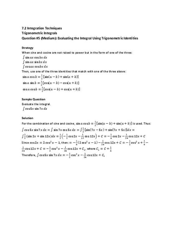 MAT136H1 Lecture : 7.2 Trigonometric Integrals Question #5 (Medium) thumbnail