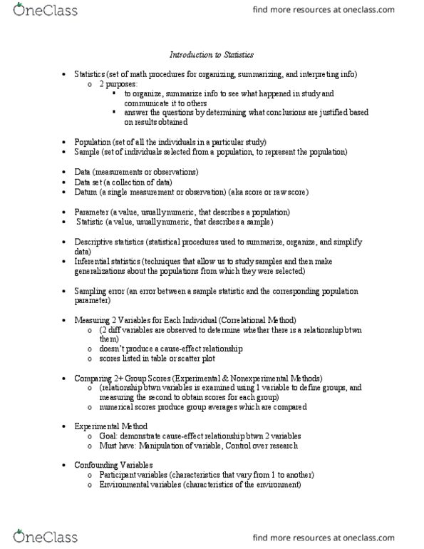 PSYC 2019H Chapter Notes - Chapter 1: Operational Definition, Sampling Error, Statistical Parameter thumbnail