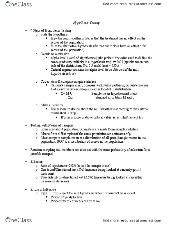 PSYC 2019H Chapter Notes - Chapter 8: Order Of Merit, Type I And Type Ii Errors, Statistical Hypothesis Testing thumbnail