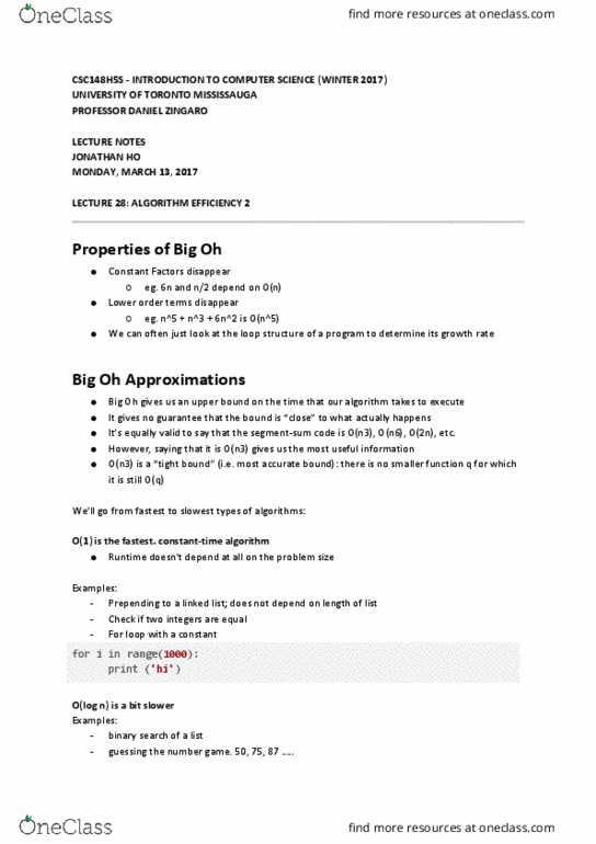 CSC148H5 Lecture Notes - Lecture 28: Bubble Sort, Merge Sort, University Of Toronto Mississauga thumbnail