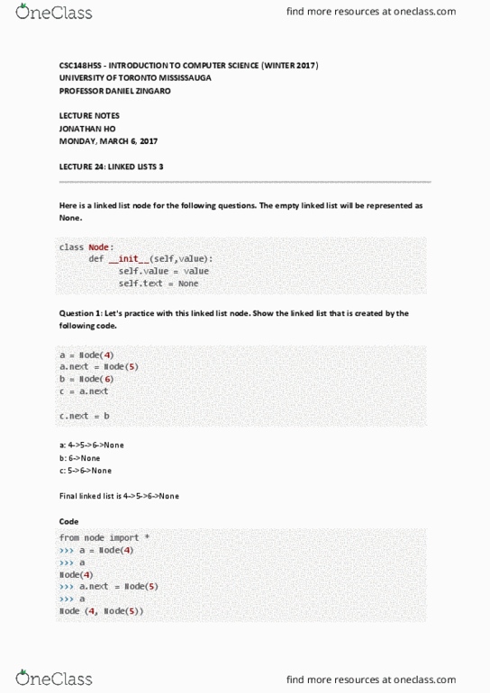 CSC148H5 Lecture Notes - Lecture 24: University Of Toronto Mississauga, Linked List, Init thumbnail