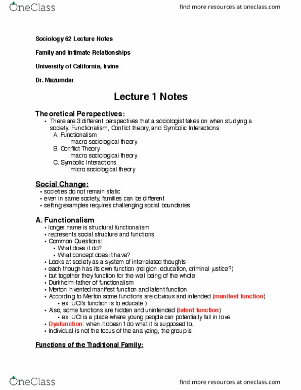 SOCIOL 62 Lecture Notes - Lecture 1: Manifest And Latent Functions And Dysfunctions thumbnail