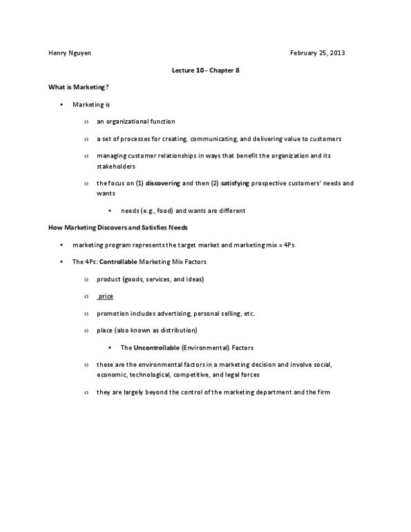 COMMERCE 1E03 Lecture Notes - Customer Relationship Management, Marketing Mix, Psychographic thumbnail