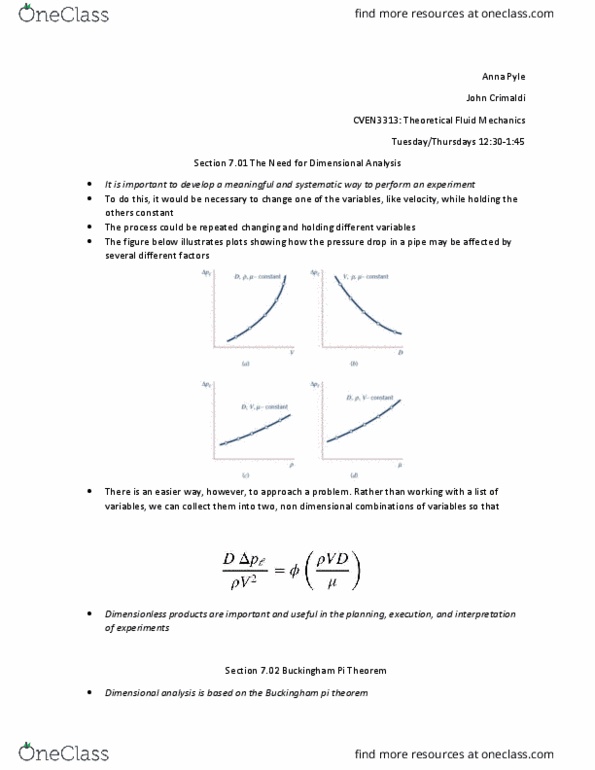 CVEN 3313 Chapter Notes - Chapter 7: Buckingham Π Theorem, Dimensional Analysis, The Need thumbnail