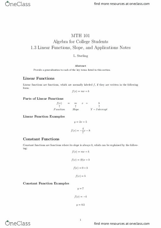 MTH 101 Lecture 3: 1.3 Linear Functions, Slope, and Applications Notes thumbnail