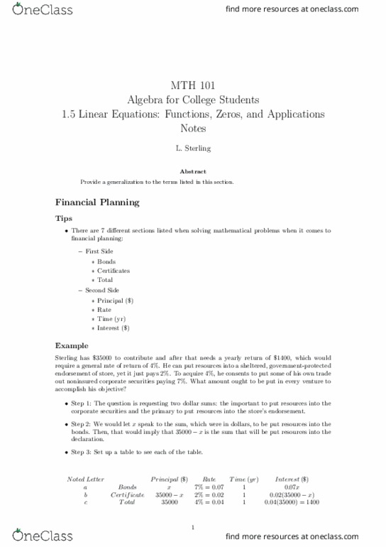 MTH 101 Lecture 5: 1.5 Linear Equations Functions, Zeros, and Applications Notes thumbnail