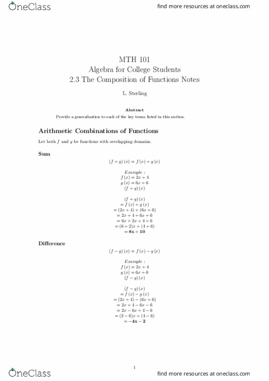 MTH 101 Lecture 8: 2.3 The Composition of Functions Notes thumbnail