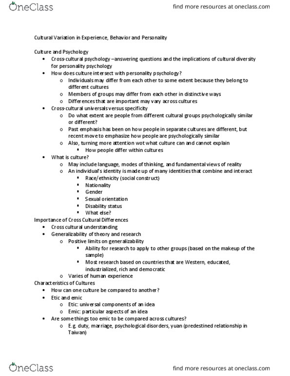 PSY 340 Lecture Notes - Lecture 6: Cultural Relativism, Agreeableness, Exaggeration thumbnail