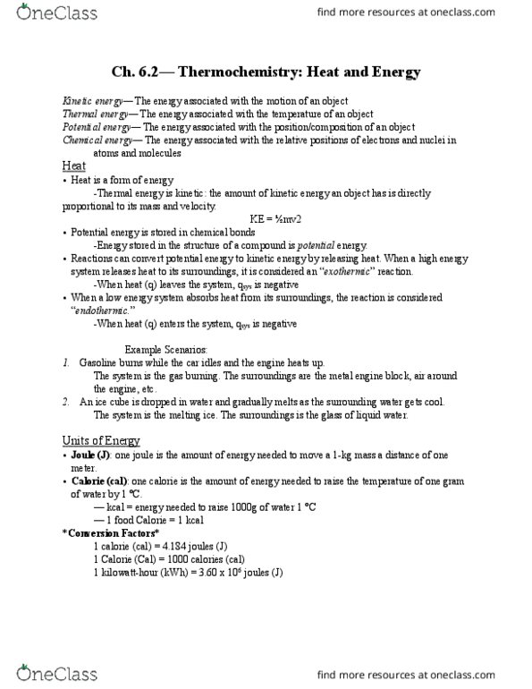 CHM 2045C Lecture Notes - Lecture 18: Heat Capacity, Kinetic Energy, Thermal Energy thumbnail