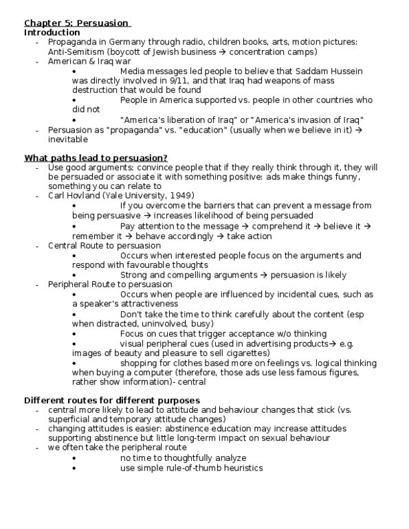 PSYCH 2C03 Chapter Notes - Chapter 5: Carl Hovland, Elaine Hatfield, Solomon Asch thumbnail