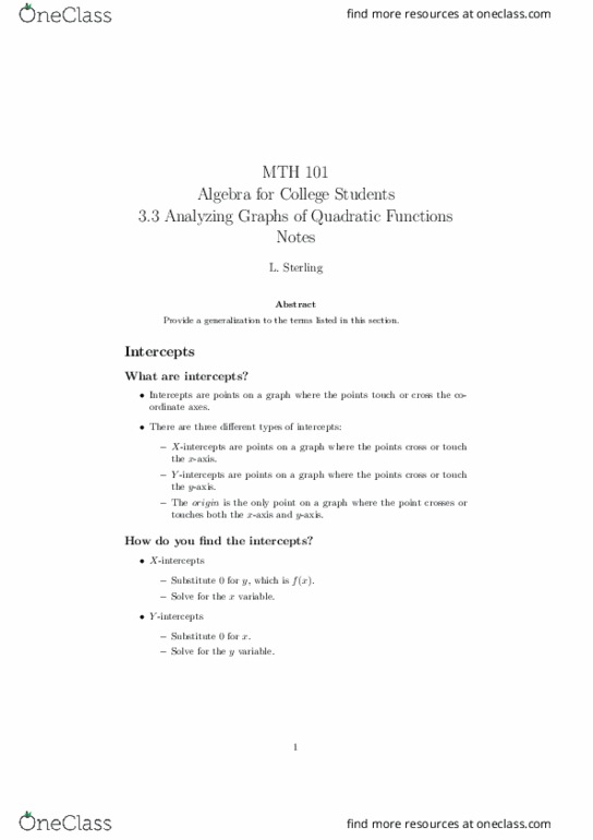 MTH 101 Lecture Notes - Lecture 12: Quadratic Equation, Abscissa And Ordinate thumbnail