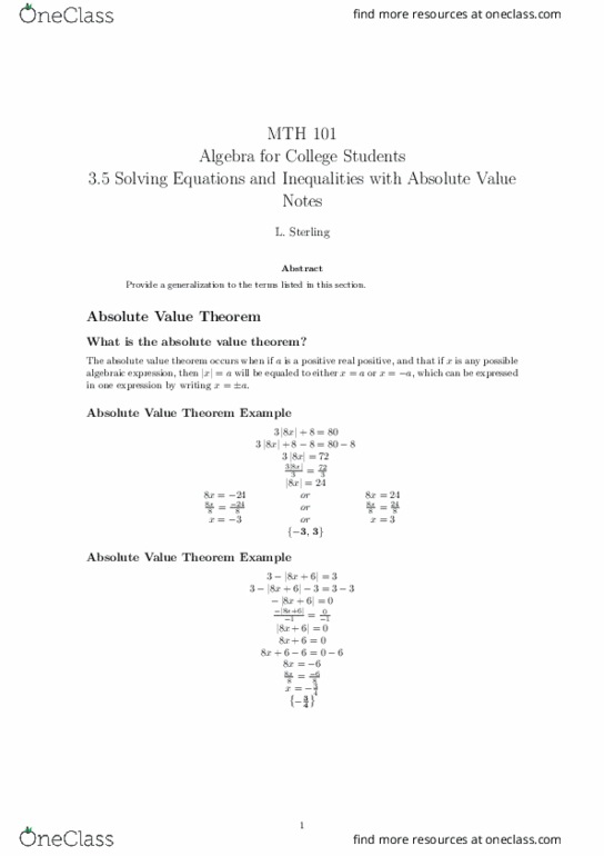 MTH 101 Lecture Notes - Lecture 14: Algebraic Expression thumbnail