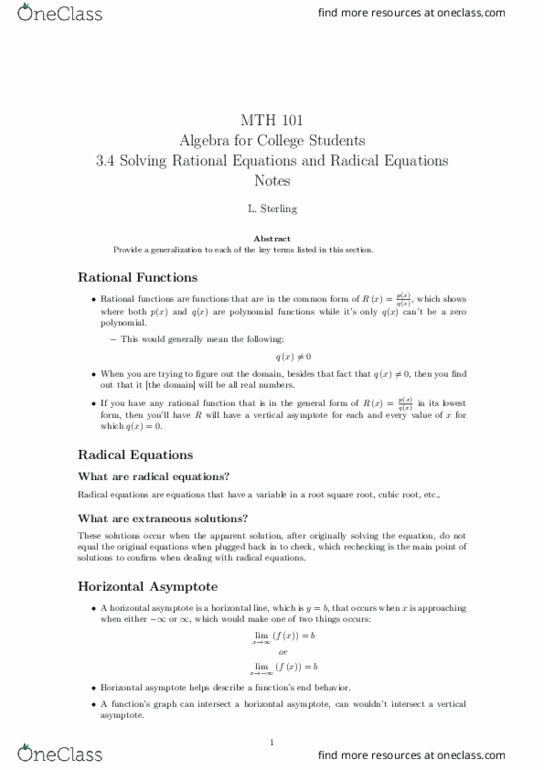 MTH 101 Lecture 13: 3.4 Solving Rational Equations and Radical Equations Notes thumbnail