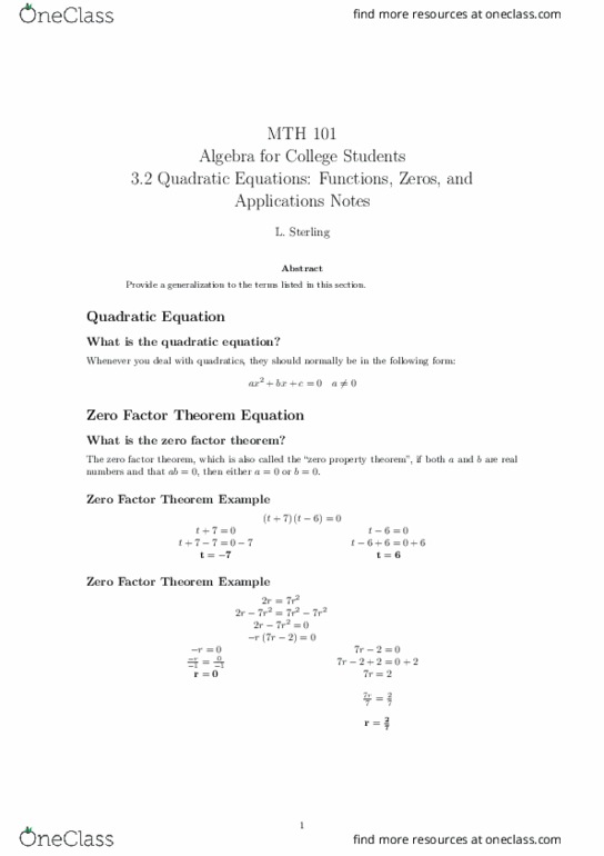 MTH 101 Lecture Notes - Lecture 11: Quadratic Formula, Quadratic Equation thumbnail