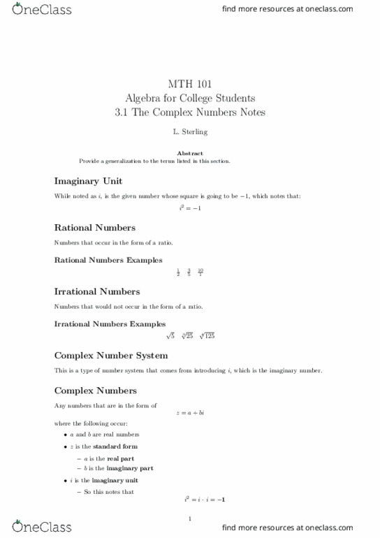 MTH 101 Lecture Notes - Lecture 10: Quadratic Formula, Quadratic Equation, Imaginary Number thumbnail