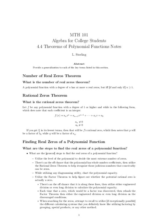 MTH 101 Lecture 18: 4.4 Theorems of Polynomial Functions Notes thumbnail