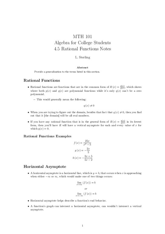 MTH 101 Lecture 19: 4.5 Rational Functions Notes thumbnail