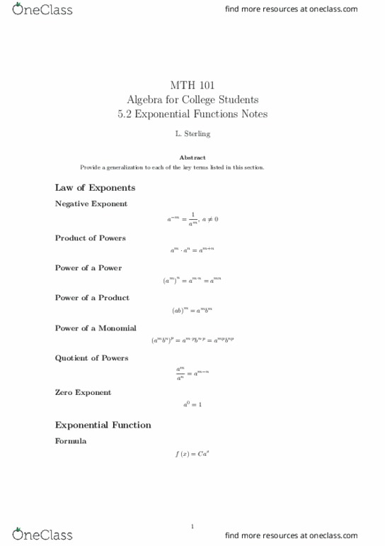 MTH 101 Lecture Notes - Lecture 22: Exponentiation, Monomial, Real Number thumbnail